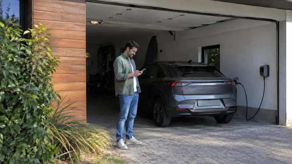 Persona revisando la carga del auto en su celular en la puerta del garaje