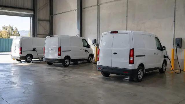 Furgones eléctricos de reparto conectados a cargadores de pared en una bodega