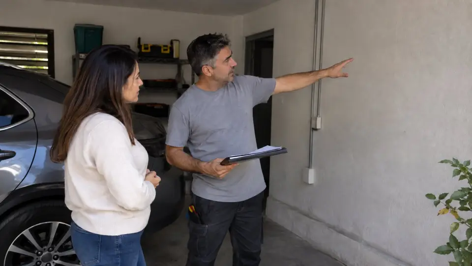 Técnico conversando con la dueña de casa y señalando el muro donde irá el cargador