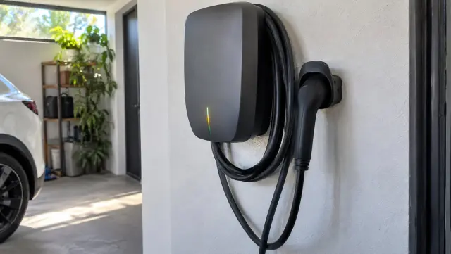Cargador de pared gris con el conector en su soporte y el cable enrollado